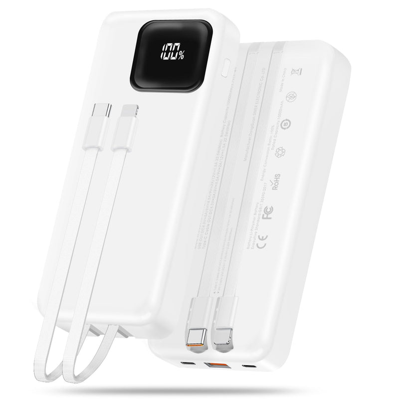 Portable Charger, 10000mAh Power Bank with 2 Built-in Cables, 22.5W Fast Charging with Screen, Travel Battery Pack for i Phone, i Pad, Samsung, Google Pixel, LG and more (White 10000mAh) White 10000mAh