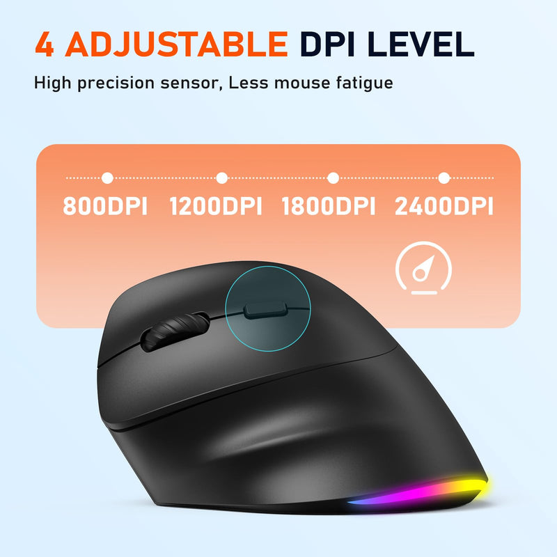 MEETION Left-Handed Ergonomic Mouse, Vertical RGB Wireless Design, Black | Comfortable vertical grip for left-handed users, rechargeable battery, Bluetooth 5.2/3.0, USB-A receiver, 4 DPI settings