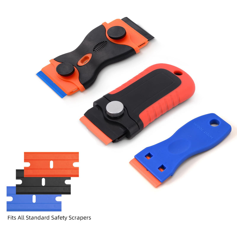 NEWISHTOOL Plastic Blades, Double Edged Plastic Blade, 300 PCS Replacement Blades Fit for Plastic Scraper and Safety Glass Scraper w/Standard Plastic Blades to Remove Label, Decals & Adhesive Residue Orange+black+blue