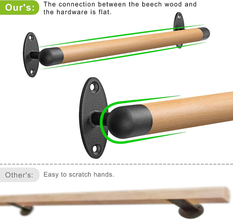SELEWARE 16 Inch Wood Handrail Indoor Stairs Handrail Wall Mount Handrail w/Sturdy Metal Barckets, Barrier-Free Staircase Grab Bar for Elderly, 1.3 Inch Round A: 16" (Wood Handle+Black Metal Brackets)