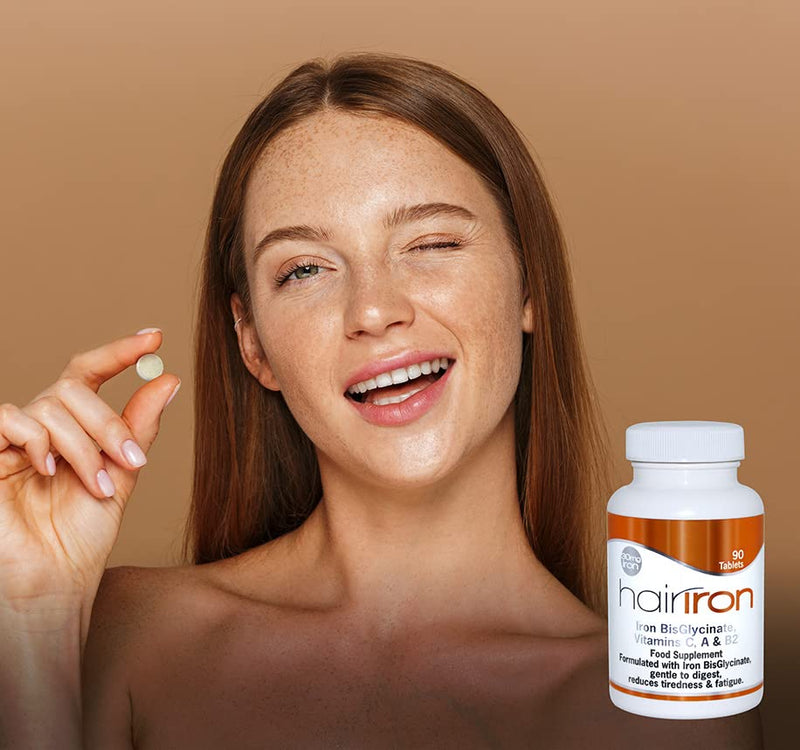 HAIRIRON - High Strength Iron Supplements - Gentle Iron BisGlycinate 30mg with Vitamins C, A & B2 Tablets, Vegan Supplements for Men & Women's Health - 90 Tablets.
