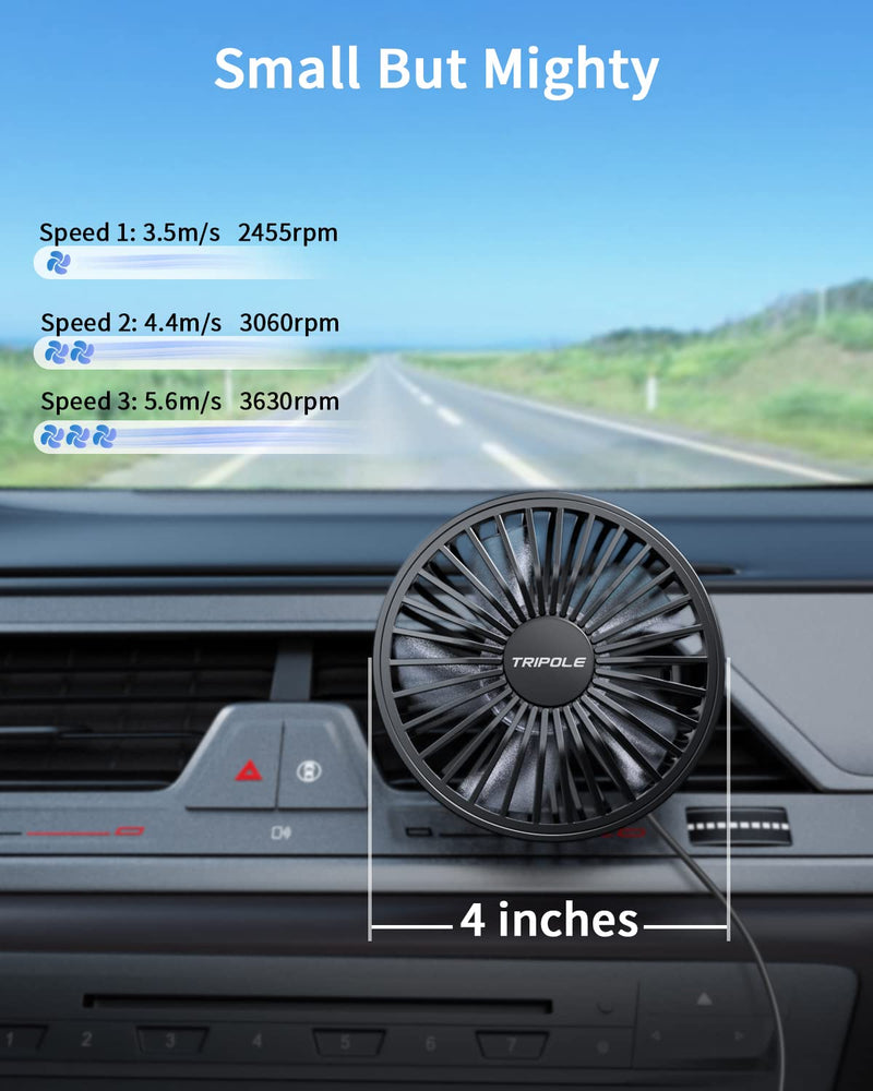 TriPole Car Fan USB Fan for Car Vent Powerful 3 Speed Car Cooling Clip Fan with Quiet Brushless Motor 360 Degree Rotatable Portable Fan for Car Vehicle, Van, Truck, SUV, RV