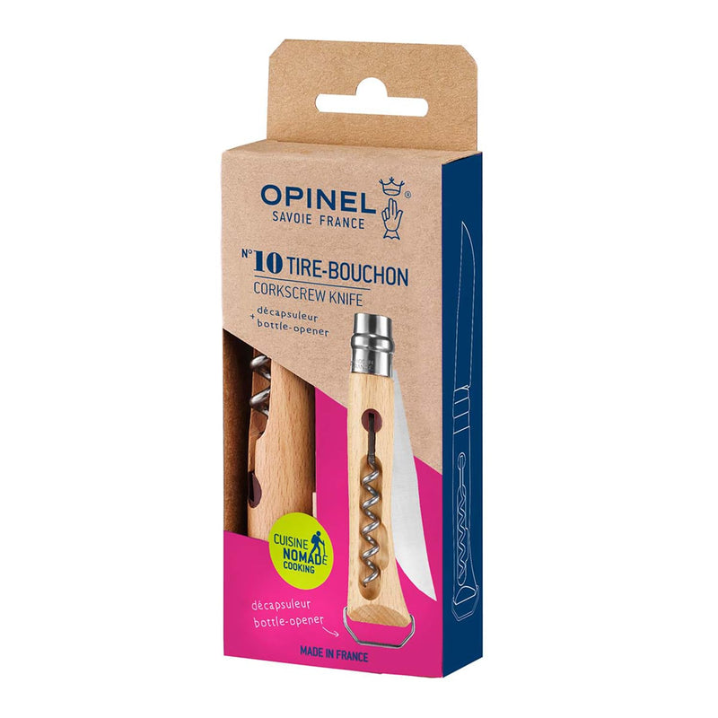 Opinel No. 10 Stainless Steel Corkscrew Wine and Cheese Folding Knife, Integrated Corkscrew + Bottle Opener, Beechwood Handle - Picnic Pocket Knife Made in France (Updated Version) Updated Version