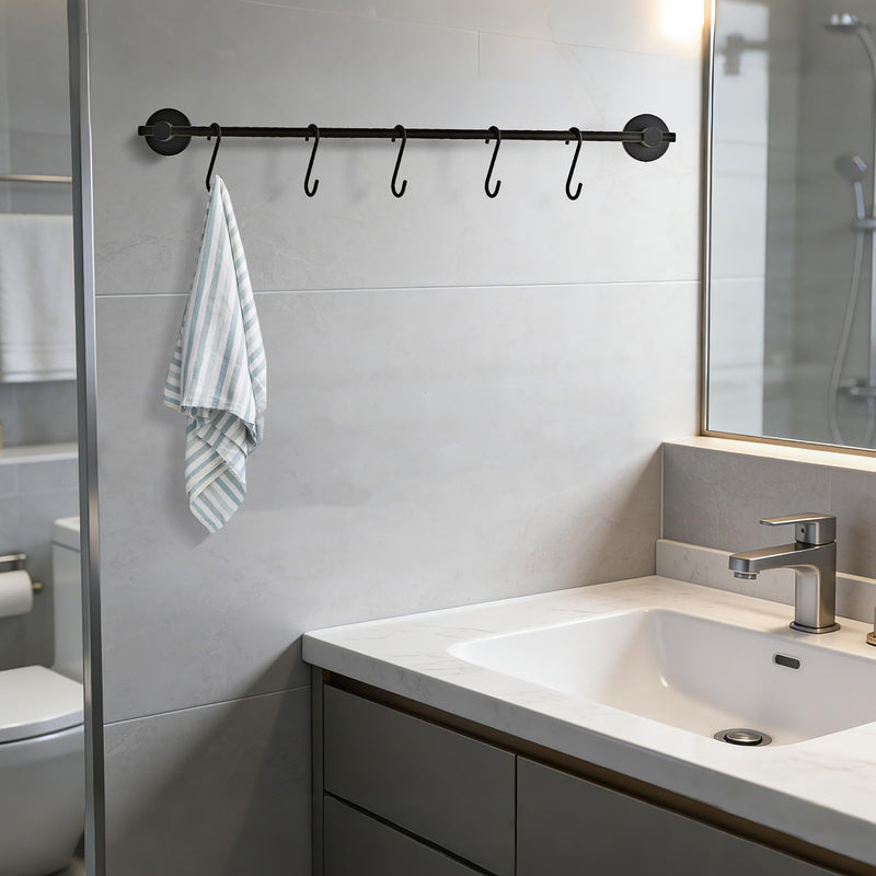 21.6 Inch Towel Bar with 5 S Shaped Hooks, Stainless Steel Towel Holder Black Towel Rack for Bathroom Washroom, Wall Mounted Kitchen Pot Pan Rack Utensil Holder Black With 5 Hooks