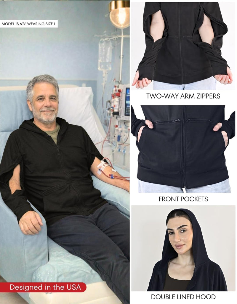Inspired Comforts Unisex Dialysis & IV Access Hoodie – Dual Arm Zippers, Thumbhole Sleeves & Pockets Black Medium
