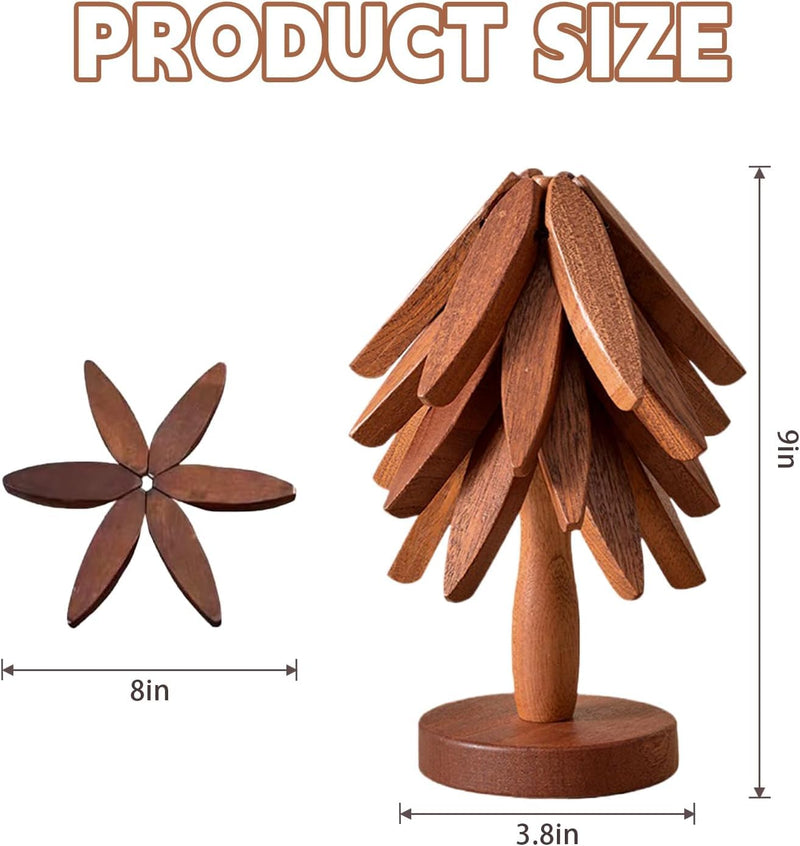 Wooden Cup Coaster Set，Tree Shape Trivet Set,Tree Coasters- 4 Wooden Trivets + 1 Stand stored for hot Dish/Pot/Bowl/teapot/hot Pot Set Brown