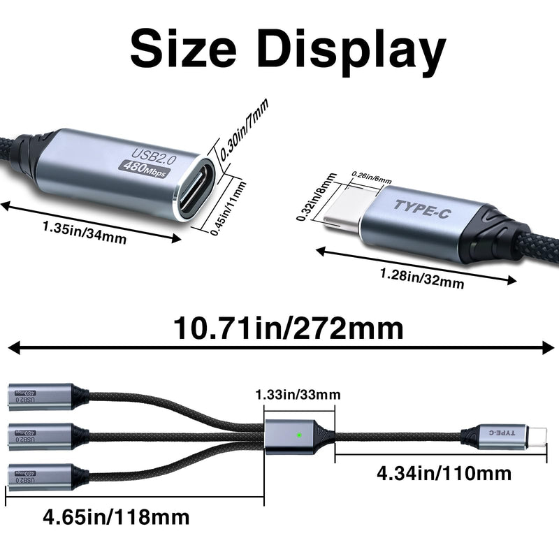 Poyiccot USB C Splitter 1 in 3 Out, Multi USB C Splitter Y Cable, Type C Male to 3 Female Nylon Braided Power Charging and Data Transfer Cable for PC, Laptop, Mac, Flash Drive, Keyboard, Mouse, 25cm
