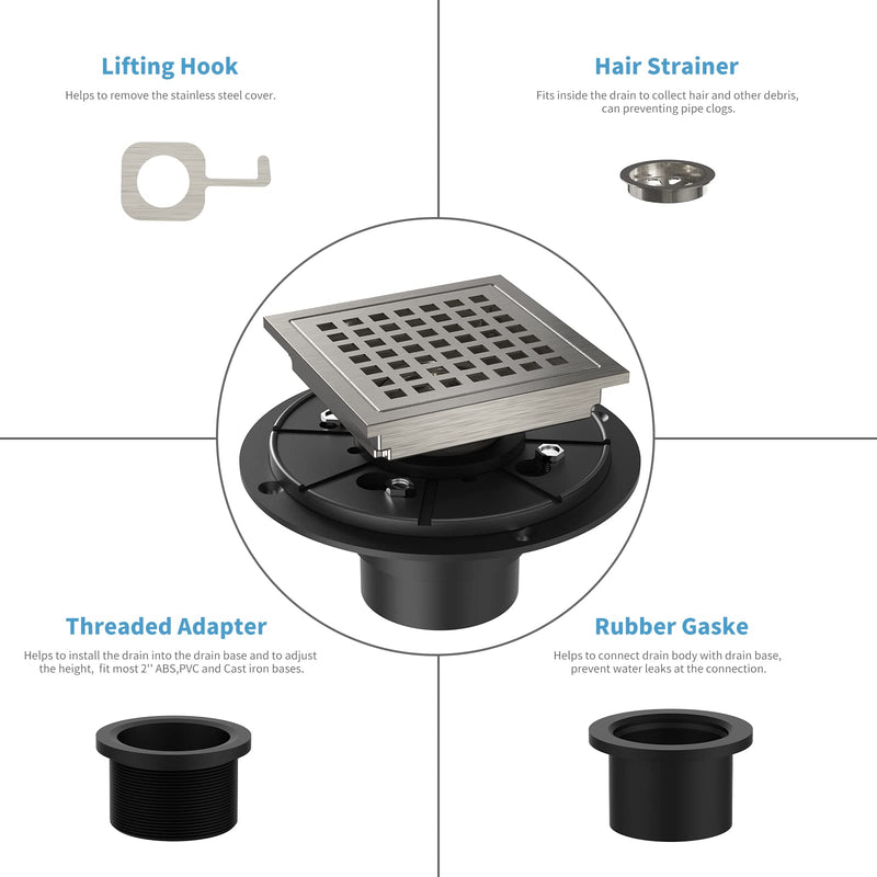 4 Inch Square Shower Floor Drain, Brushed Nickel High Flow Shower Drain Kit with Flange with Hair Filter, Removable Grate Cover, Stainless Steel, Abs Fixing Tray, CUPC Certified(Brushed Nickel) 4"