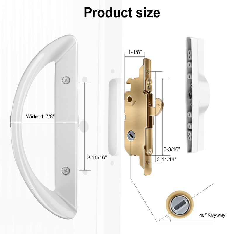 Sliding Door Lock with Mortise Lock (No Key), Patio Sliding Door Handle Reversible Design, Sliding Glass Door Lock Fits 3-15/16" Hole Spacing White