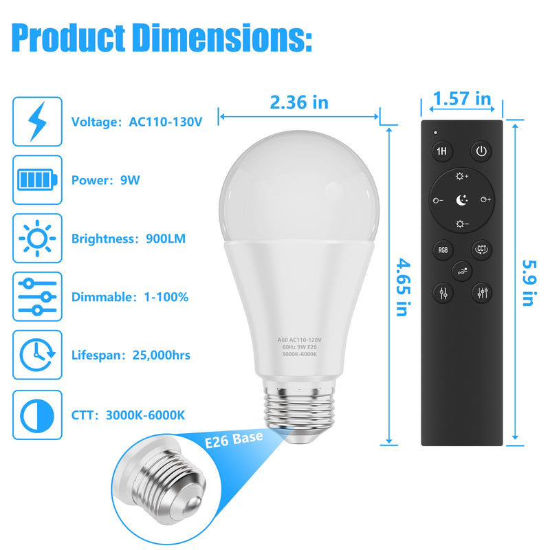 A19 LED Light Bulbs with Remote Control, 800LM 9W (60W Equivalent) Bulbs,Stepless Dimmable 3000K-6000K,E26 Base,CRI 80+,2.4GHz,25000+ Hours Lifespan,Light Bulb for Home Decor,4Bulb & 2Remote 9W-2 Remote-4 Bulb
