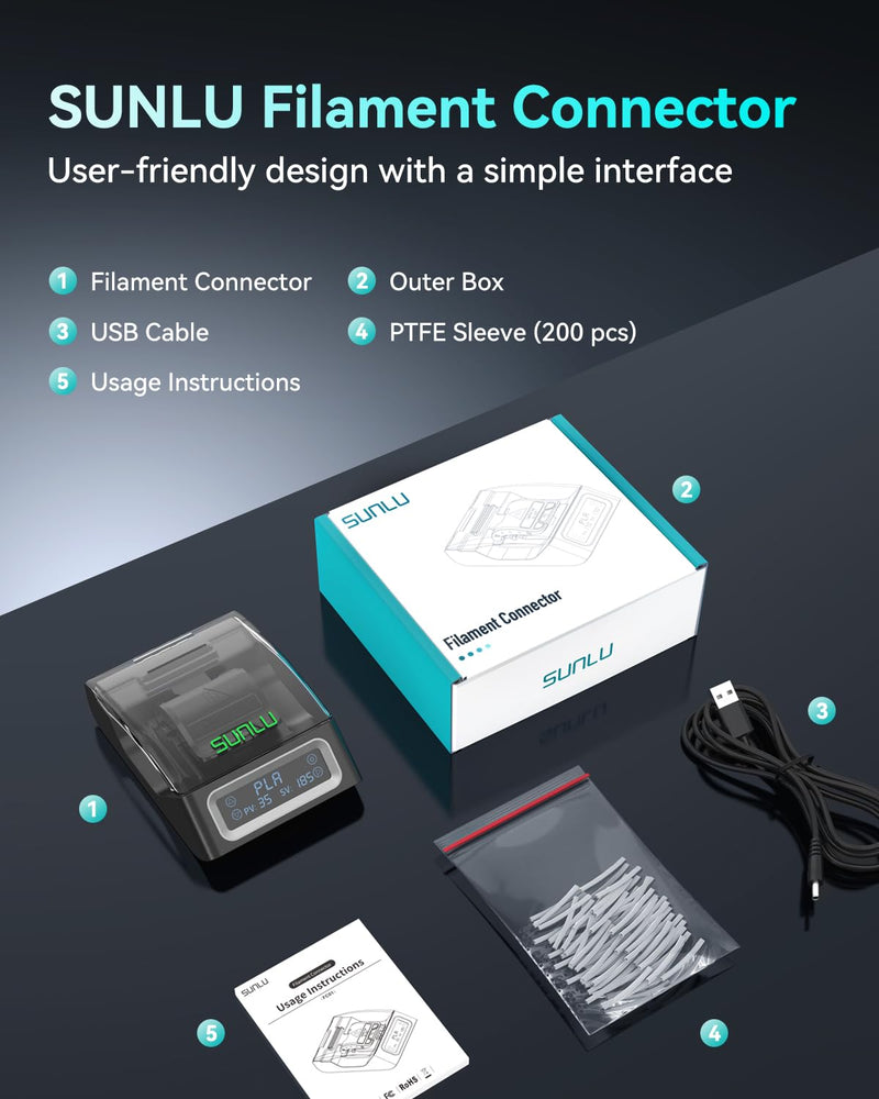 SUNLU Official Filament Connector, Fast Heating Filament Splicer for 3D Printer Filament 1.75mm, Up to 240°C, Compatible with PLA PETG TPU ABS PA Nylon, Easy to Use, Pack with 200PCS PTFE Sleeve Filament Connector - 200pcs Ptfe