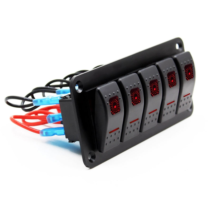FXC Rocker Switch Aluminum Panel 5 Gang Toggle Switches Dash 5 Pin ON/Off 2 LED Backlit for Boat Car Marine Red 5Gang Red
