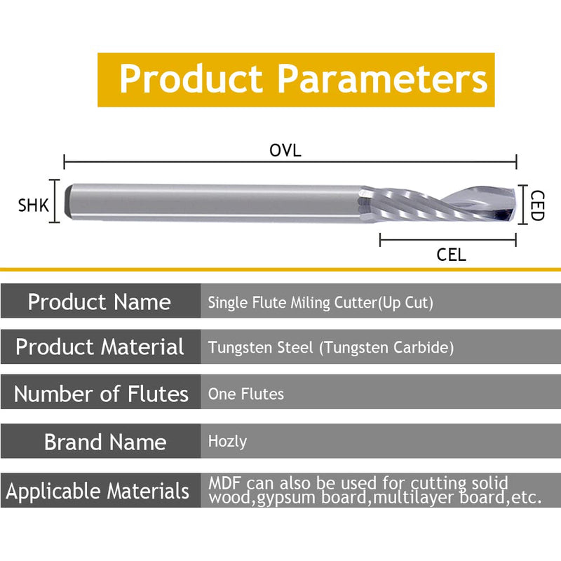 1/8Inch Shank,Single Flute (O Flute) Up Cut Spiral Router Bits End Mill Cutter, 1/8 inch Cutting Diameter, 0.87 inch Cutting Length,1.77 Inch OVL for Acrylic PVC MDF Plastic 3.175x3.175x22mm