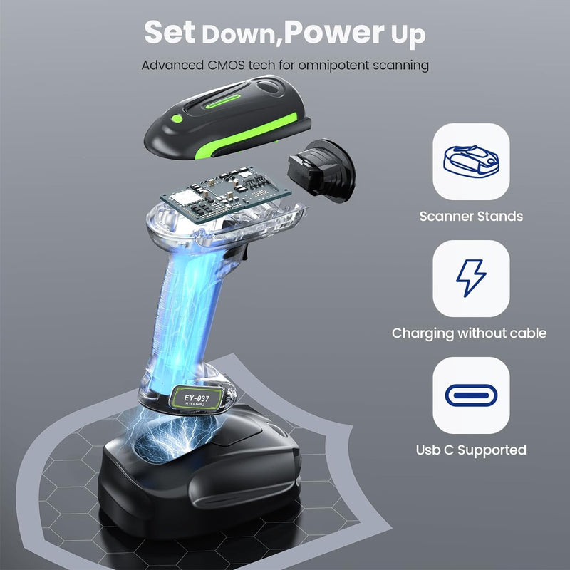 Eyoyo 2D QR Industrial Barcode Scanner with Wireless Charging Stand, Rugged Heavy Duty & IP65 Waterproof 3-in-1 Bluetooth & Wireless & USB Hands-Free Barcode Reader for Laptop Desktop Tablet Android with charging stand