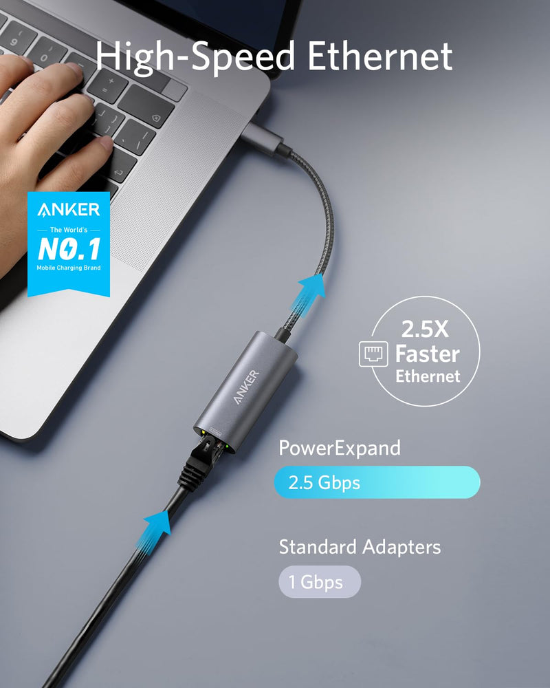 Anker USB C to 2.5 Gbps Ethernet Adapter, PowerExpand USB C to Gigabit Ethernet Adapter, Aluminum Portable USB C Adapter, for MacBook Pro, MacBook Air 2018 and Later, iPad Pro 2018 and Later, XPS