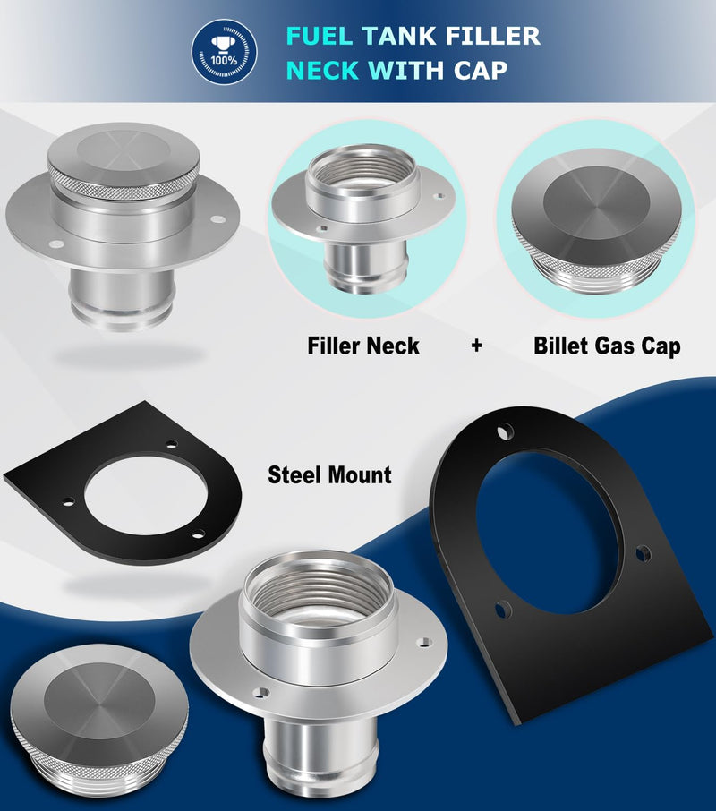 Camoo 17-2530 Remote Fuel Tank Filler Neck With Billet Aluminum Gas Cap & Weld-On Steel Mount Bracket For 2"" Hose Connection, Straight