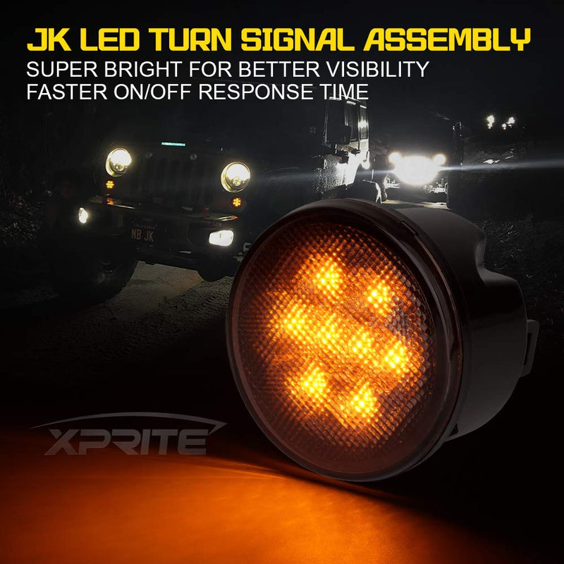 Xprite Amber Smoke Lens LED Turn Signal Lights Assembly with Parking Funtion Compatible with 2007-2018 Jeep Wrangler JK & Wrangler Unlimited