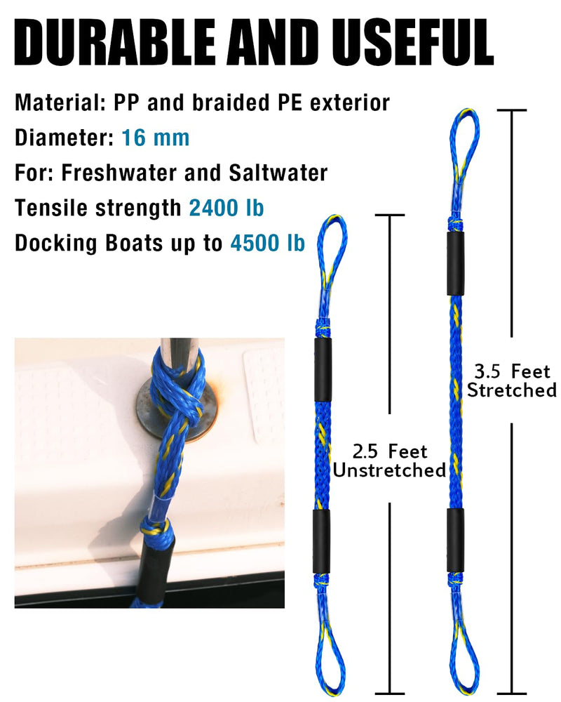 Geelu 2.5FT Bungee Dock Line 2PCS Boat Fender Ropes Use with Fenders, Buoys Or for Docking Pontoons Boat Accessories for Boats,Jet Ski, Seadoo, Yamaha (Blue+Yellow, 2.5Feet) Blue+Yellow