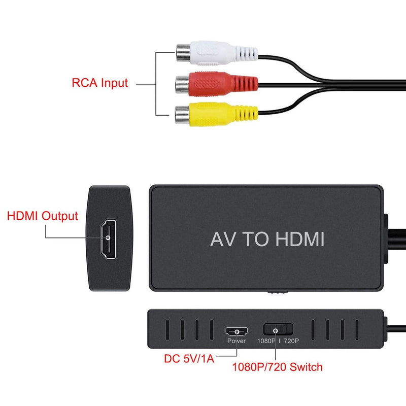 RCA to HDMI Converter AV/CVBS to HDMI Video Audio Converter for N64, PS2, PC, Laptop, Xbox, VHS, VCR, Camera DV ect. RCA to HDMI Converter