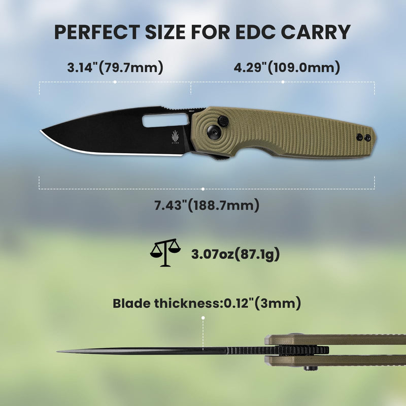 Kizer Dogfish Pocket Folding Knife, 3.14" Nitro-V Steel Blade Button Lock Knife, G10 Handle EDC Knives V3640A2 Green
