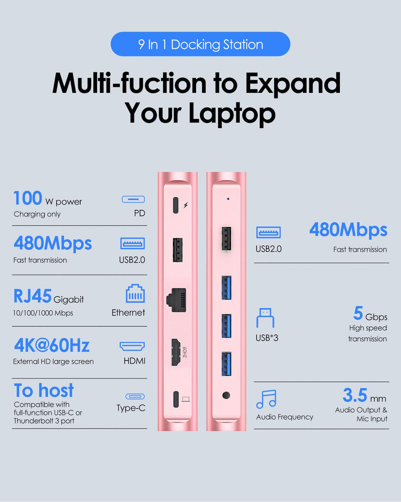 LENTION USB C Docking Staion 4K@60Hz, Ethernet, 5xUSB Ports, 100W PD, Audio | 9 in 1 Dock, 3.3ft Long Cable, Detachable Design, No Driver, Compatible with macOS, Windows & ChromeOS (D53, Rose Gold)