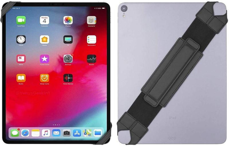 Universal Tablet Hand Strap Holder, 360 Degrees Swivel Leather Handle Grip with Elastic Belt, Secure & Portable for 12.9" Tablets (iPad Pro 2018),Black