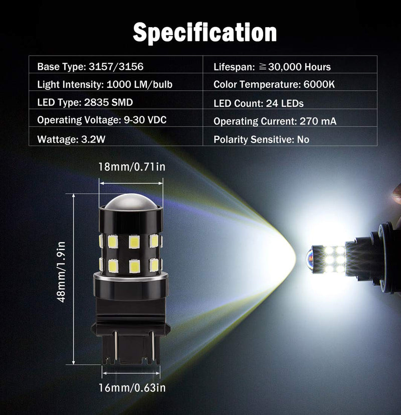 Super Bright 3157 3156 3056 3057 4157 3047 4057 3457 T25 LED Bulbs 6000K Xenon White 24-SMD LED Chipsets with Projector for Backup Reverse Lights, Brake Tail Lights, Running Lights(Pack of 2) Pack of 2