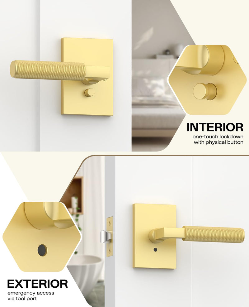 Amerdeco 1 Pack Brushed Gold Privacy Door Handles, Brush Brass Door Handles Interior,Knurled Gold Door Lever, Heavy Duty Bedroom and Bathroom with Lock,Reversible Keyless for Right & Left Side AM0032