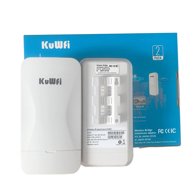 KuWFi Point to Point Wireless WiFi Bridge 2.4G Long Range CPE Indoor/Outdoor 1KM Transmission Distance Solution for PTP/PTMP IP65 Weatherproof 11DBI Antenna WB2F01 2.4G