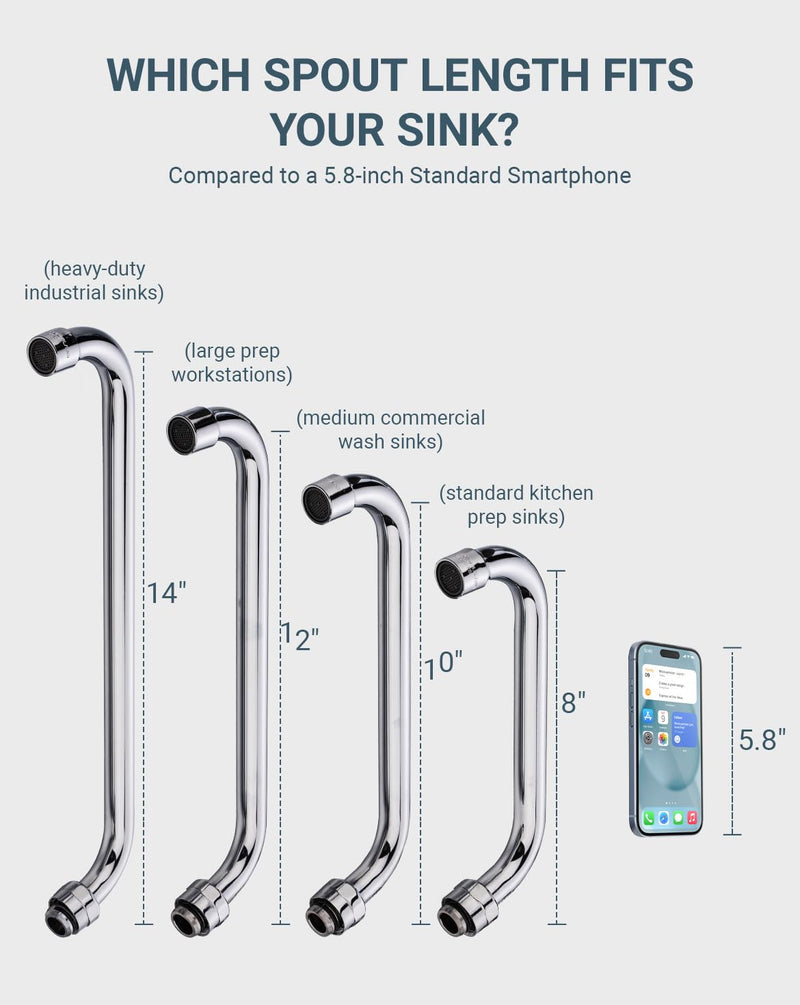 Commercial Faucet Parts 14 Inch Swivel Spout Replacement Kit for Commercial Kitchen Sink Faucet 1.8 GPM Stainless Steel Swivel Swing Add-on Nozzle for 2 or 3 Bay Compartment Sinks