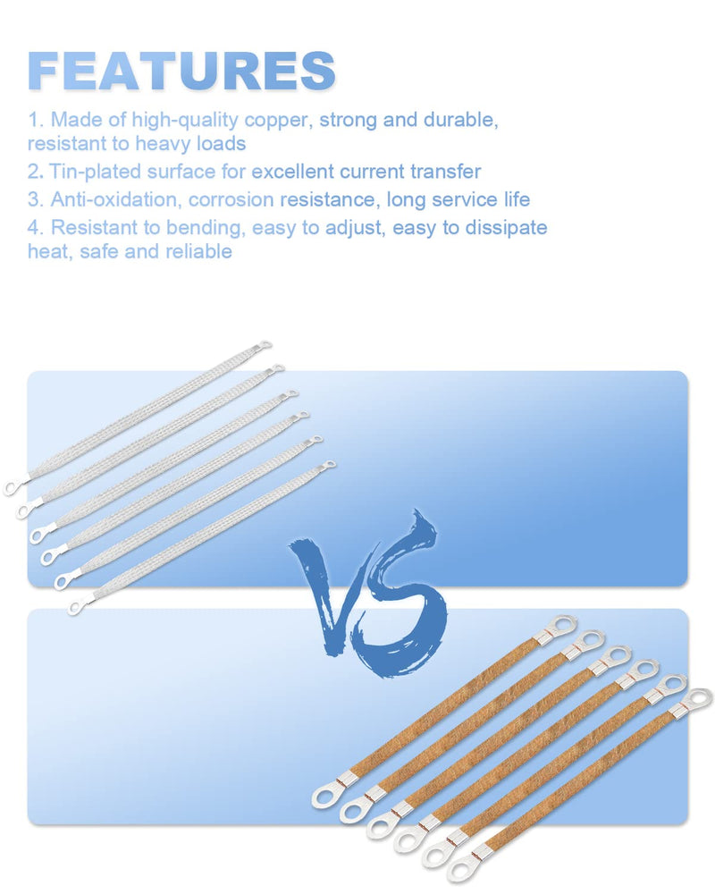 6Pcs Universal Automotive Ground Strap 12" x 1/2" Vehicle Grounding Cable Straps Professional Engine Grounding Braided Tinned Copper with 1/4" & 5/16" Rings Terminal