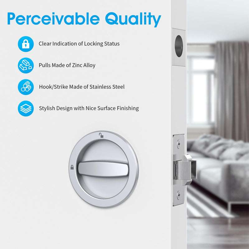 AST Round Pocket Door Lock with Edge Pull, Sturdy Privacy Bifold and Cavity Sliding Door Lock with Flush Pull, Replacement Hardware with Latch, Made of Zinc Alloy, Fingermark Proof, Satin Chrome Satin chrome - Round