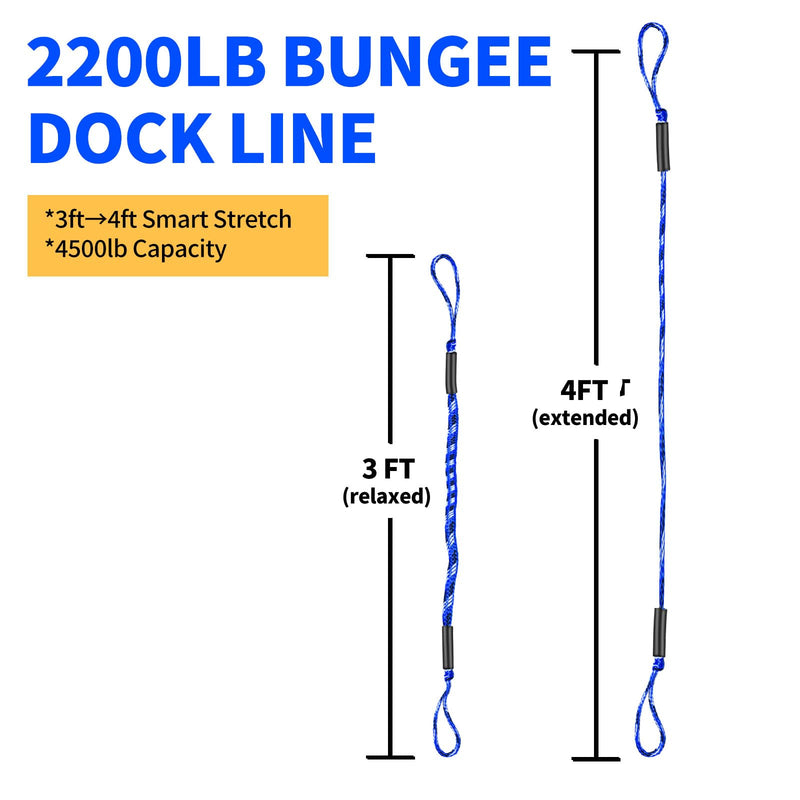 3FT Bungee Dock Line for Boats with Loops – Connect or Secure Docking for Small & Medium Sized Boats Like Kayak,PWC, Canoe, Bass Boat, Jon Boat, Boat Fender Lines (Blue,Black&White) Blue,black&white