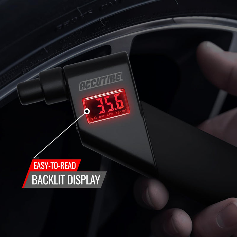 Accutire MS-4021B Digital Tire Pressure Gauge with 4 Valve Caps, 5-150psi (psi, bar, kPa, kg/cm2) 1-Pack Black