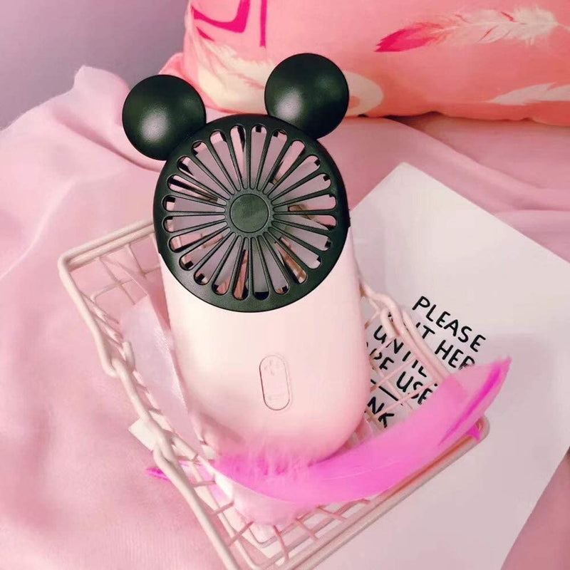 Cute Personal Mini Fan, Handheld & Portable USB Rechargeable Fan with Beautiful LED Light, 3 Adjustable Speeds, Portable Holder, for Indoor Or Outdoor Activities, Cute Mouse (Pink) Pink
