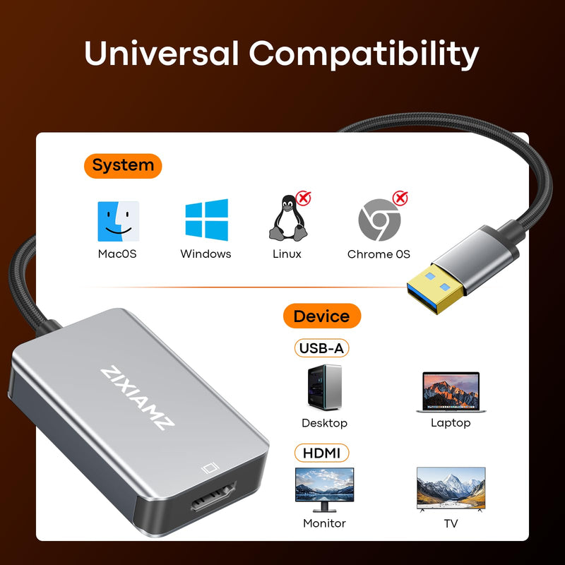 USB to HDMI Adapter, 1080P@60Hz for Windows 7/8/10/11 and MacOS | USB 3.0 Male to HDMI Female Audio Video Converter Suitable for Laptop Desktop Monitor - Driver installation is required