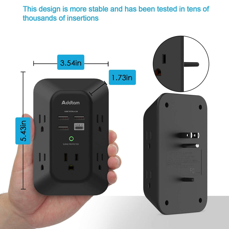 USB Wall Charger Surge Protector - Addtam 5 Outlet Extender with 4 USB Charging Ports (1 USB C), 3-Sided 1800J Power Strip Multi Plug Outlets Adapter Widely Spaced,Black 1C3A