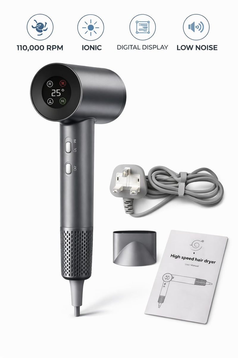  [AUSTRALIA] - Ionic Hairdryer 110,000 RPM | Professional Hair Dryer for Women & Salon Use | Fast Dry Brushless Motor | Negative Ion Technology | Smart Digital Display | Low Noise Blow Dryer | Gift Box Included