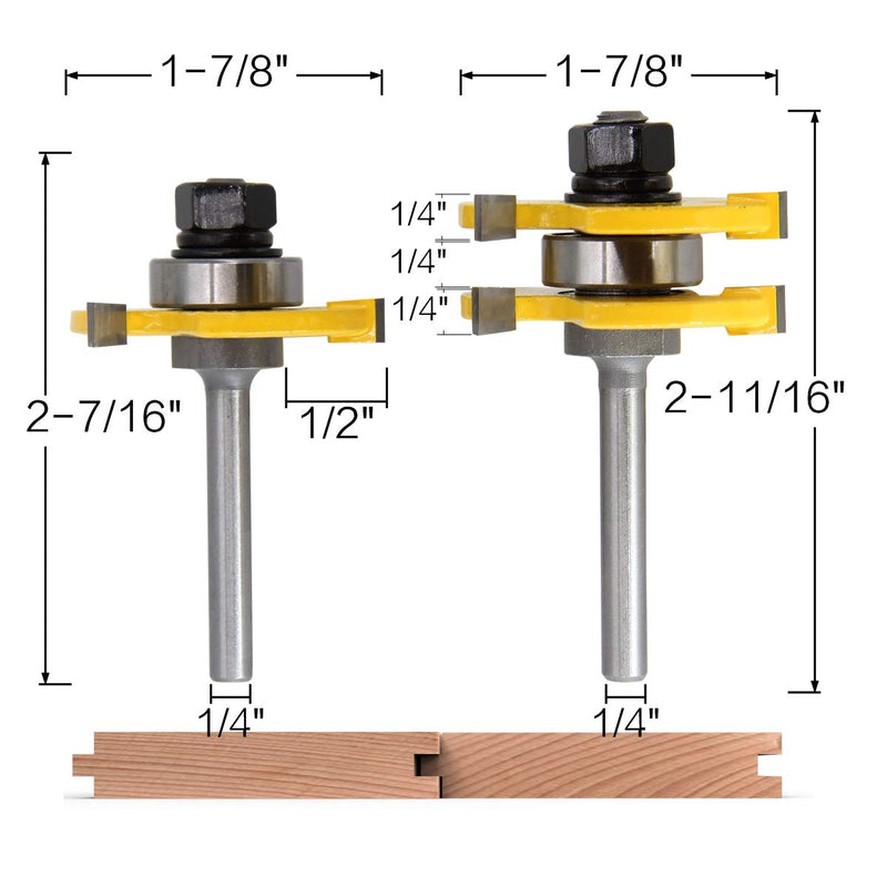 45 Degree Lock Miter Router Bit & T Shape Tongue and Groove Bit & Finger Joint Bit 1/4 Inch Shank Woodworking Milling Cutter Tool 4-Piece Set Splicing Router Bit Set 1