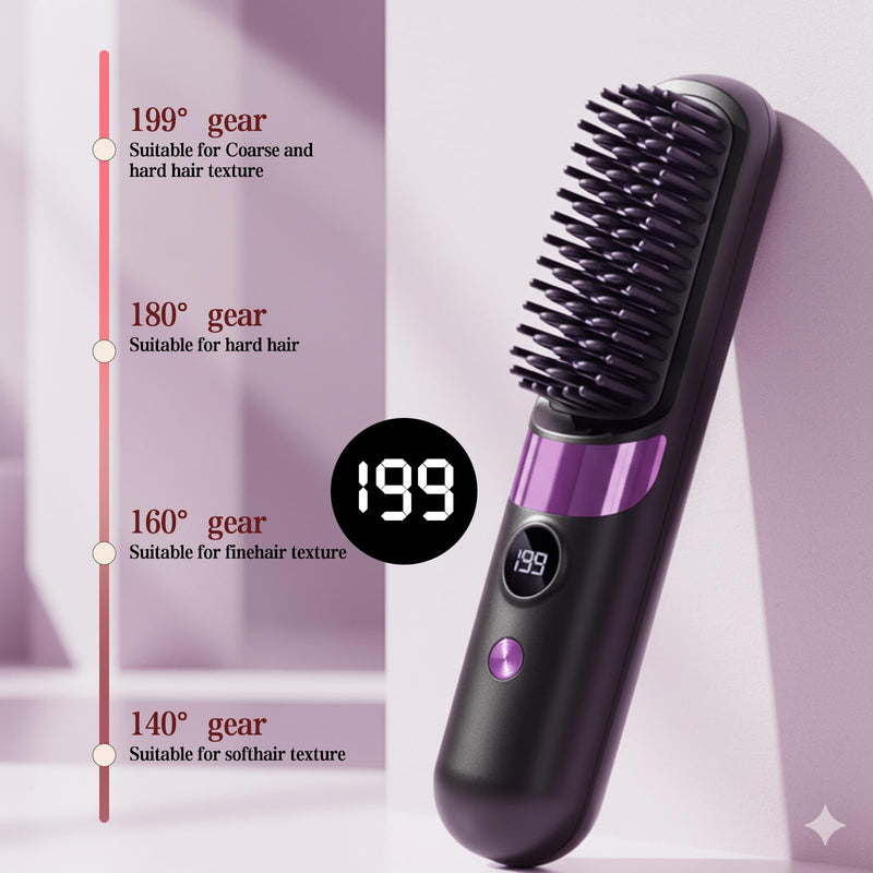 Go Brush Pro UK Cordless Hair Straightener Brush, Black | Rechargeable Ceramic Styling / 4 Heat Modes / LED Display / Portable for Travel & Daily Touch-Ups