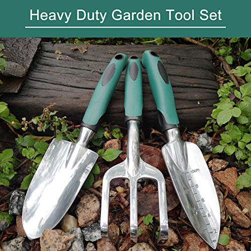 FANHAO Garden Tools Set, 3 Piece Heavy Duty Gardening Tools Cast Aluminum with Soft Rubberized Non-Slip Handle, Durable Garden Hand Tools Garden Gifts for Men Women Teal