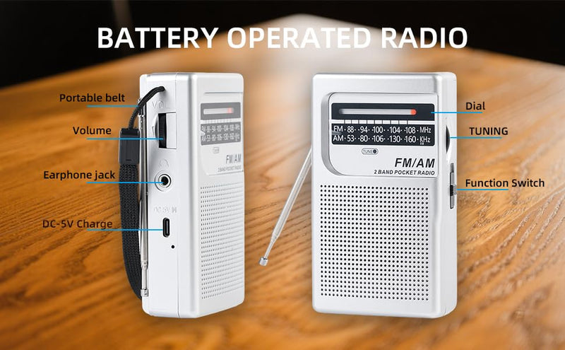 Portable Radio|AM FM Receiver Pocket Radio|2AA Battery Operated|USB-C Charge|Mini Transistor Radio for Gift, Family, Elder|3.5mm Earphone Jack(Model R-21RG)
