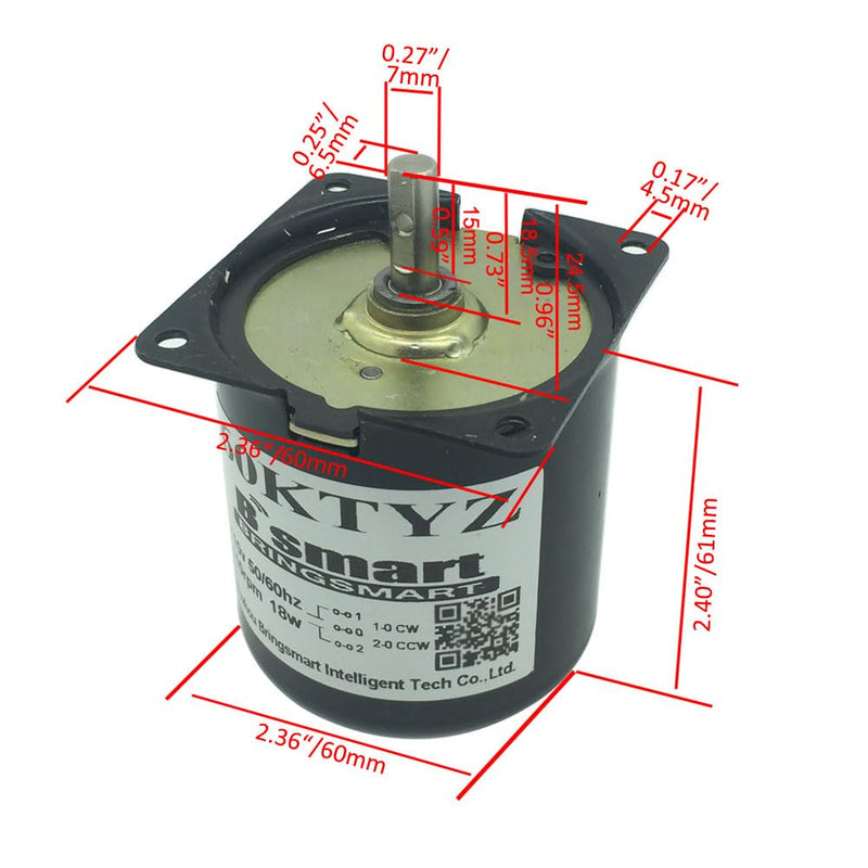 Bringsmart 60ktyz 15rpm Ac Motor Low Noise Gearbox Electric Motor Barbecue High Torque Low Speed 110V Synchronous AC Reduction Motor (110V 15rpm) 110V 15rpm