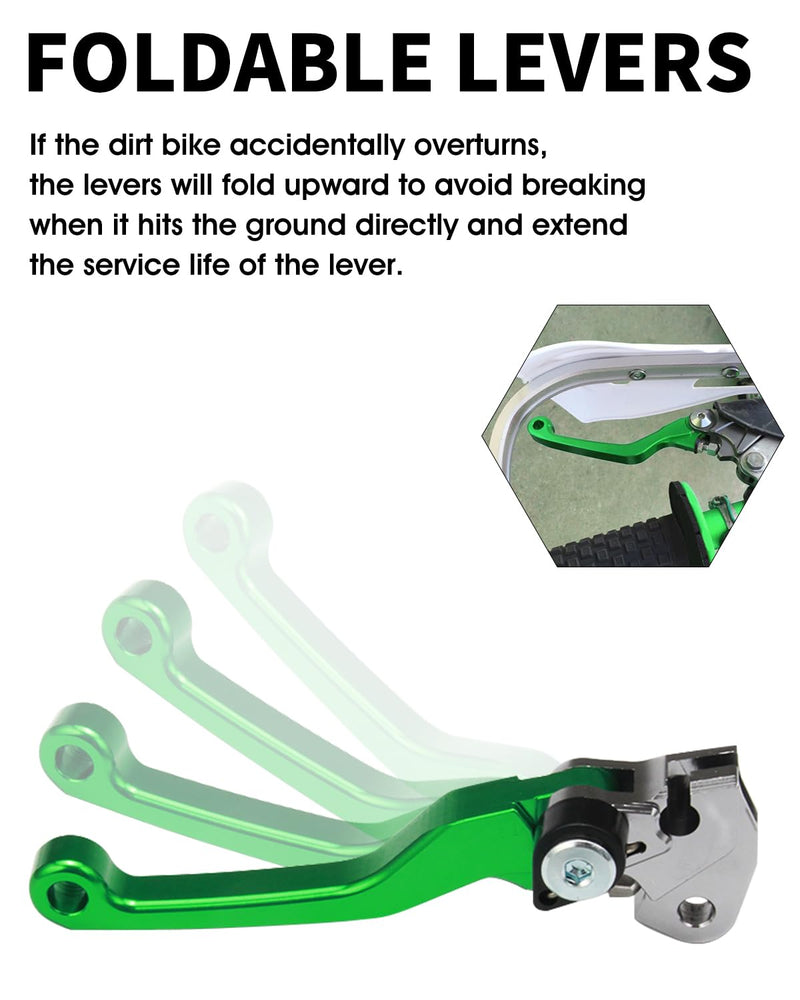 JFG RACING Dirt Bike Foldable Clutch Brake Levers,Clutch Lever Breakaway Levers for KX65 00-23/KX85 01-23/KX100 01-21/KX250 00-04/KX125 00-05/KX112 22-23/KX500 KX250F 2004 Green