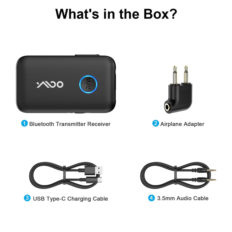 YMOO Airplane Bluetooth Adapter for AirPods, Bluetooth Transmitter Receiver | for TV, with aptX Adaptive & Low Latency, 3.5mm Aux Wireless Audio Adapter for 2 Headphones, Airplane Travel Essentials Black