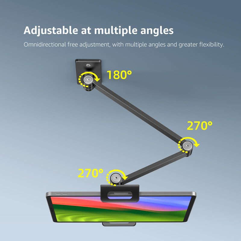 BEWISER Tablet Wall Mount Holder,360° Rotating Flexibly, Height and Angle Adjustable, Folding Aluminium Alloy Long Arm Compatible with4.7-12.9" Phone and Tablet in Kitchen or Office (Space Grey)… Black