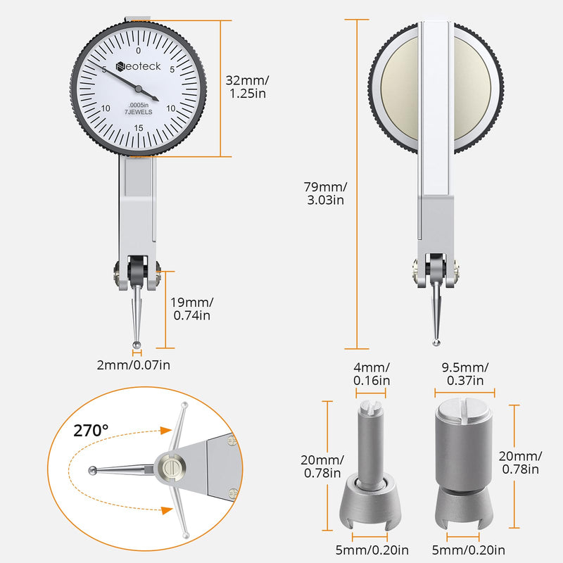 Neoteck 0-0.03"/0.0005" Dial Test Indicator with 132lbs(60kg) Max Pull Magnetic Base Stand Test Indicator Set with 3/8 inch (9.52mm) Clamping Hole for Machine Set-Up and Narrow Area Measurement-Silver Silver Mini-132lbs/60kg Tensile Force