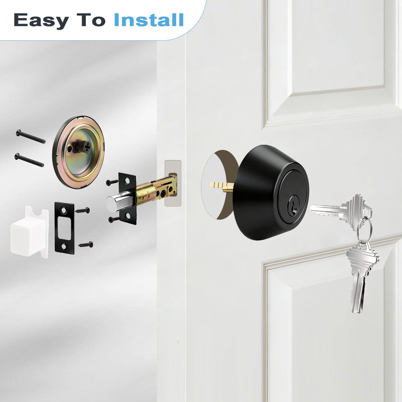 3 Pack Single Cylinder Deadbolts Flat Black, Keyed One Side Deadbolt Lock, Matte Black Interior & Exterior Door Hardware (for Entrance Lock and Front Gate) 3