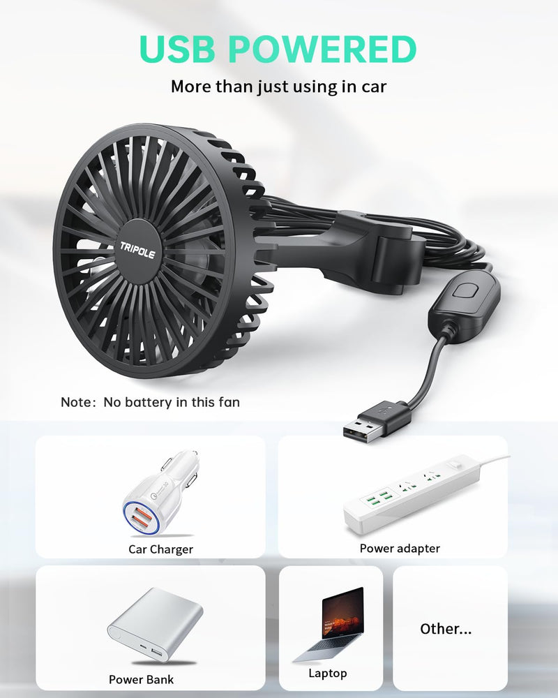 TriPole Car Fan for Rear Seat USB Powered Car Cooling Fan Powerful 3 Speed 5V Air Circulation Fan with Adjustable Clip for Vehicles SUV RV