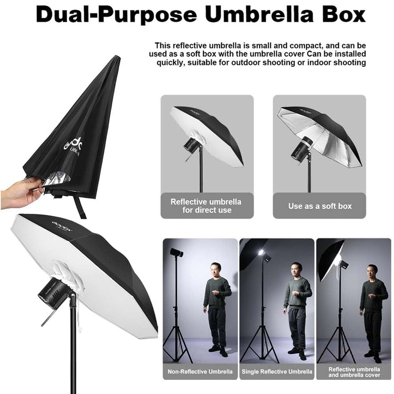 Godox UBL-85S 85cm 33.4” Black Silver Reflective Umbrella Photography Studio Soft Light Umbrella with Large Diffuser Cover for Video Shooting